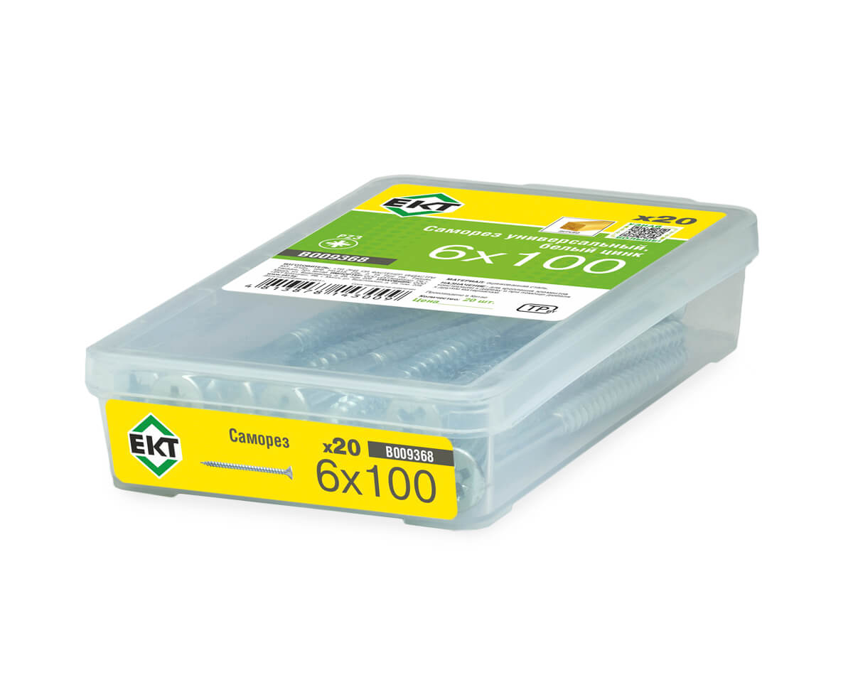 Саморез универсальный 6.0х100, белый цинк в пласт. контейнере (упак/20шт) ЕКТ