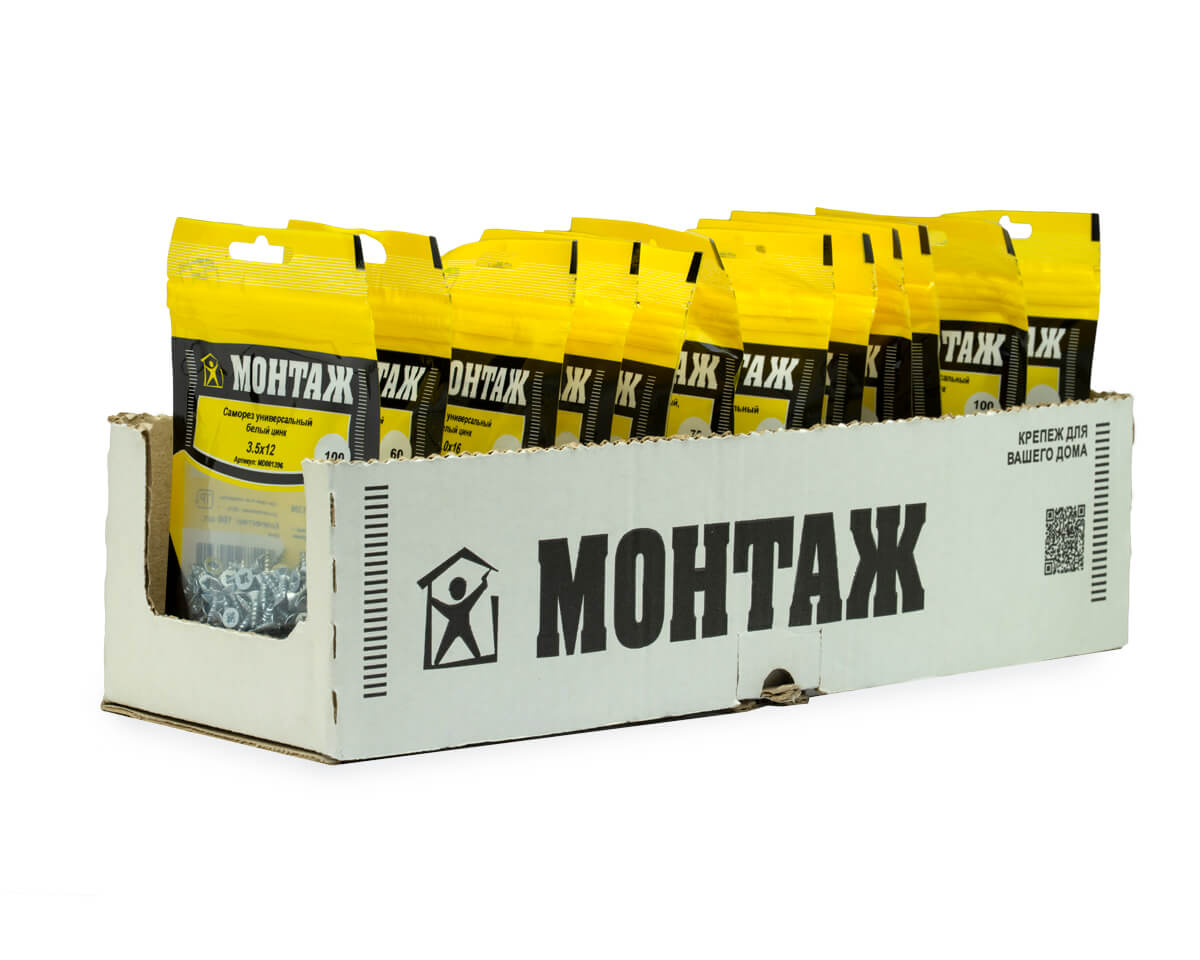 Саморез универсальный 3.5x12, белый цинк, дой-пак S, МОНТАЖ (пакет/100шт)