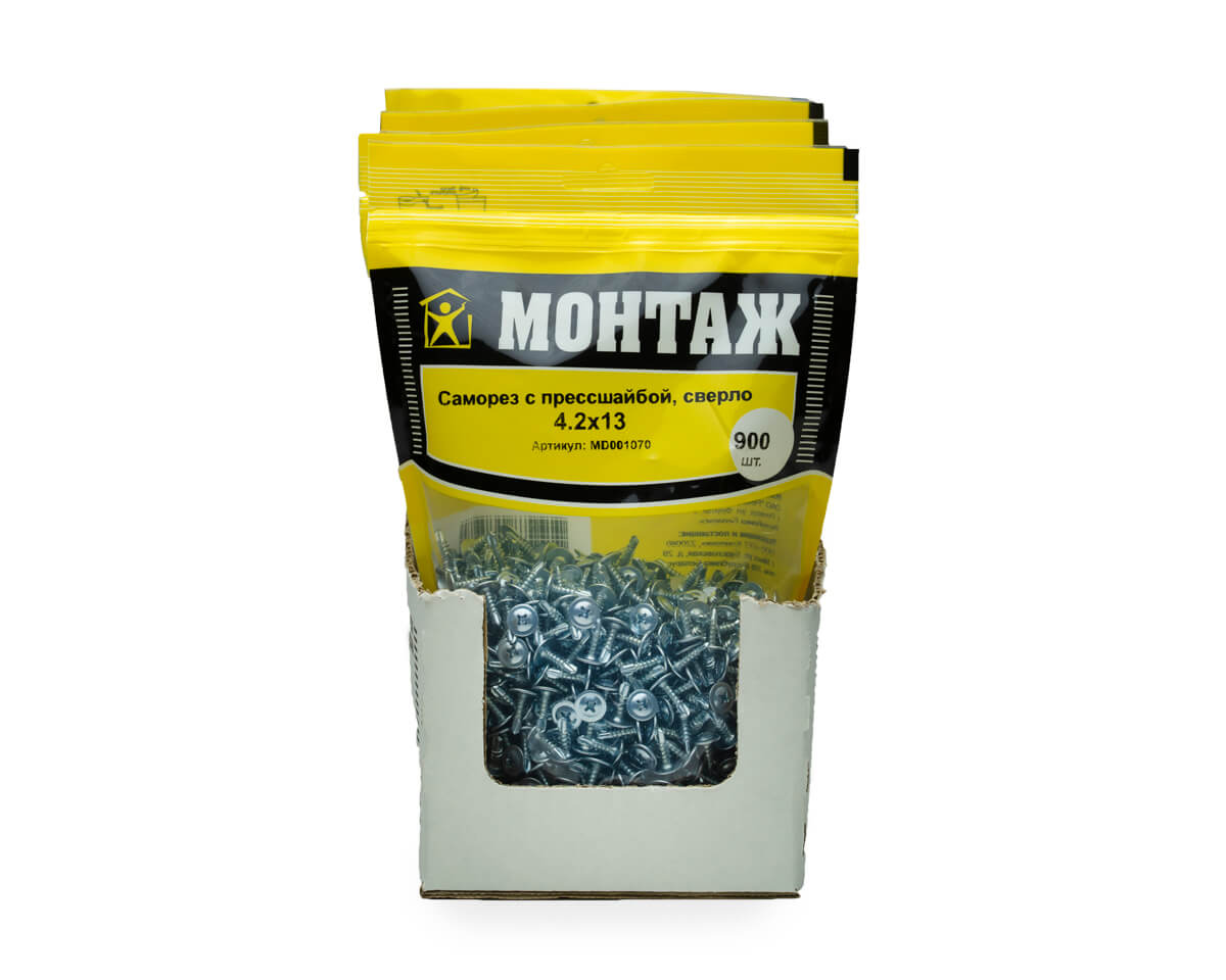 Саморез с прессшайбой 4.2x13, сверло, цинк, дой-пак L, МОНТАЖ (пакет/900шт)