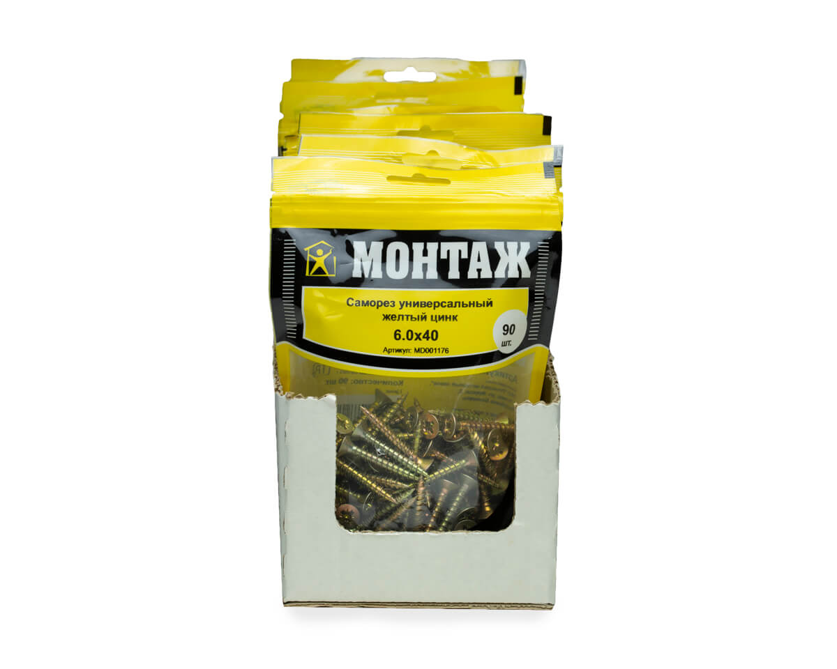 Саморез универсальный 6.0x40, желтый цинк, дой-пак M, МОНТАЖ (пакет/90шт)