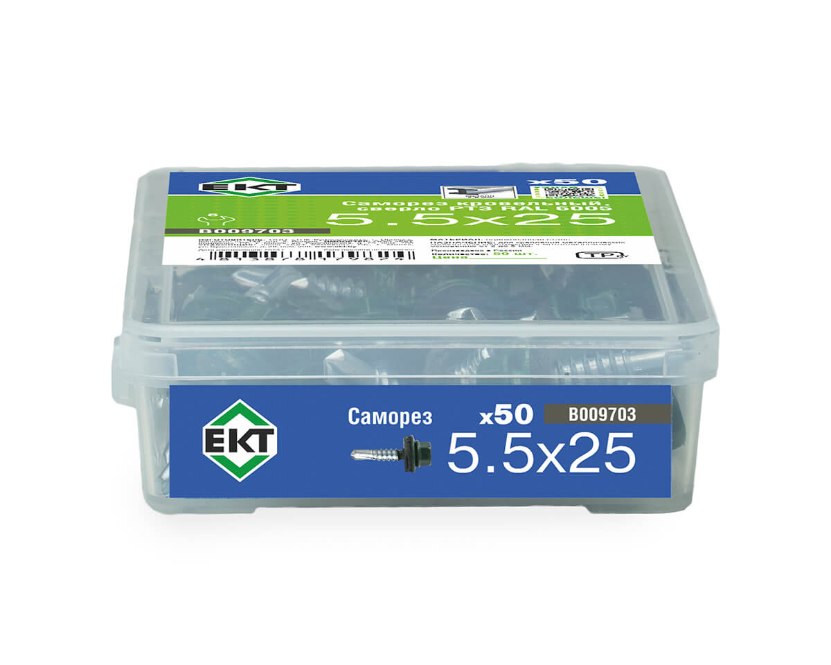 Саморез кровельный с резин. прокл. 5.5x25, сверло РТ3, RAL6005, в пласт. контейнере, ЕКТ (упак/50шт)