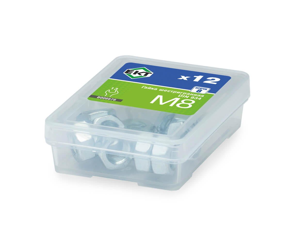 Гайка М8, цинк, прочн. 8 DIN 934 (упак/12шт)