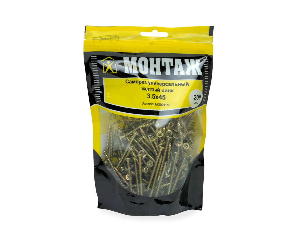 Саморез универсальный 3.5x45, желтый цинк, дой-пак M, МОНТАЖ (пакет/200шт)