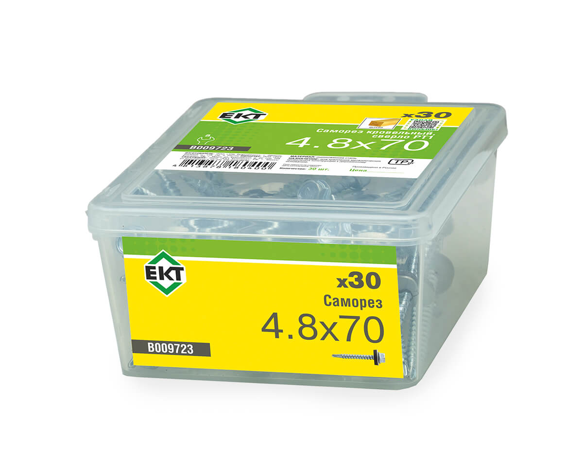 Саморез кровельный с резин. прокл. 4.8x70, сверло PT1, в пласт. контейнере, ЕКТ (упак/30шт)