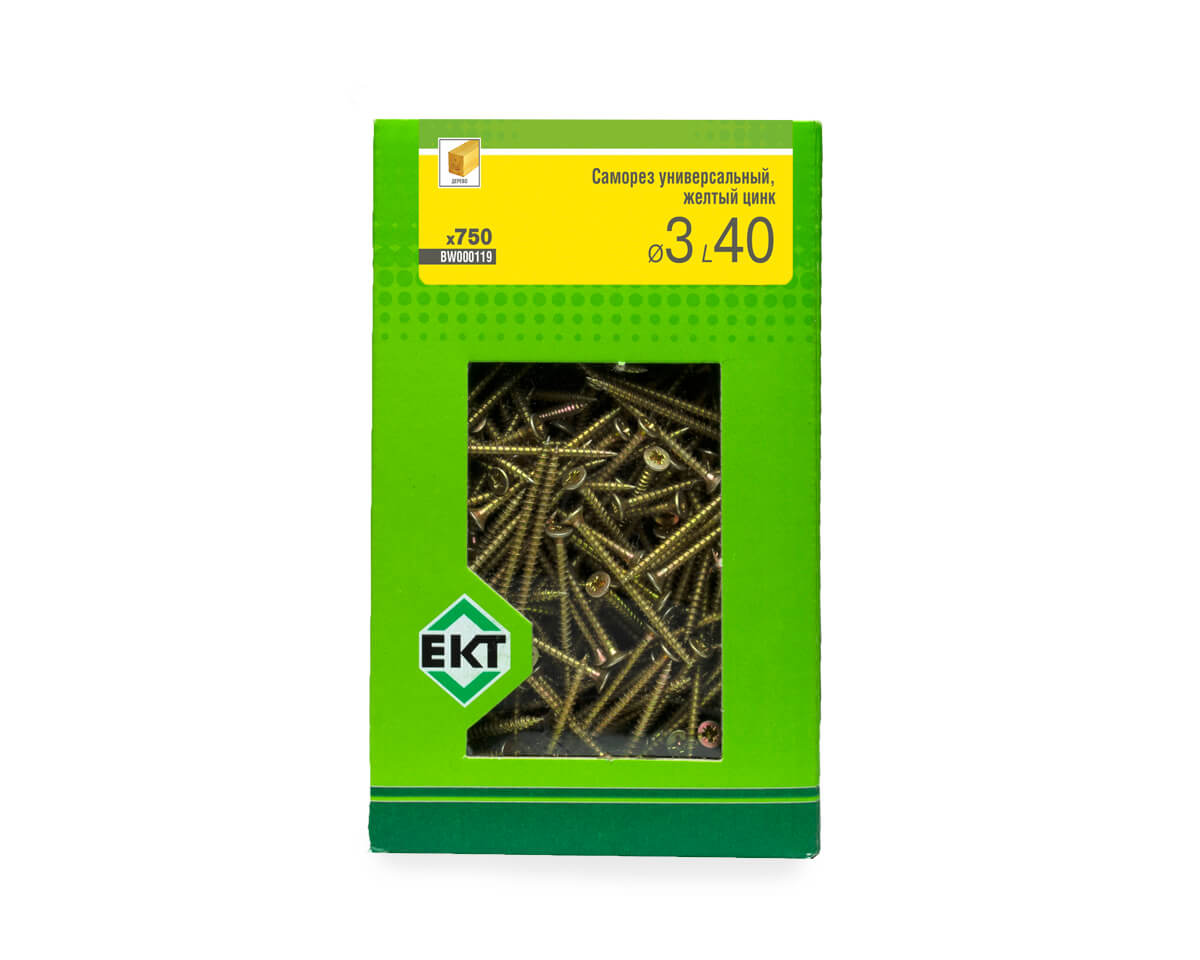 Саморез универсальный 3.0х40, желтый цинк, в коробке с окном, ЕКТ (упак/750шт)