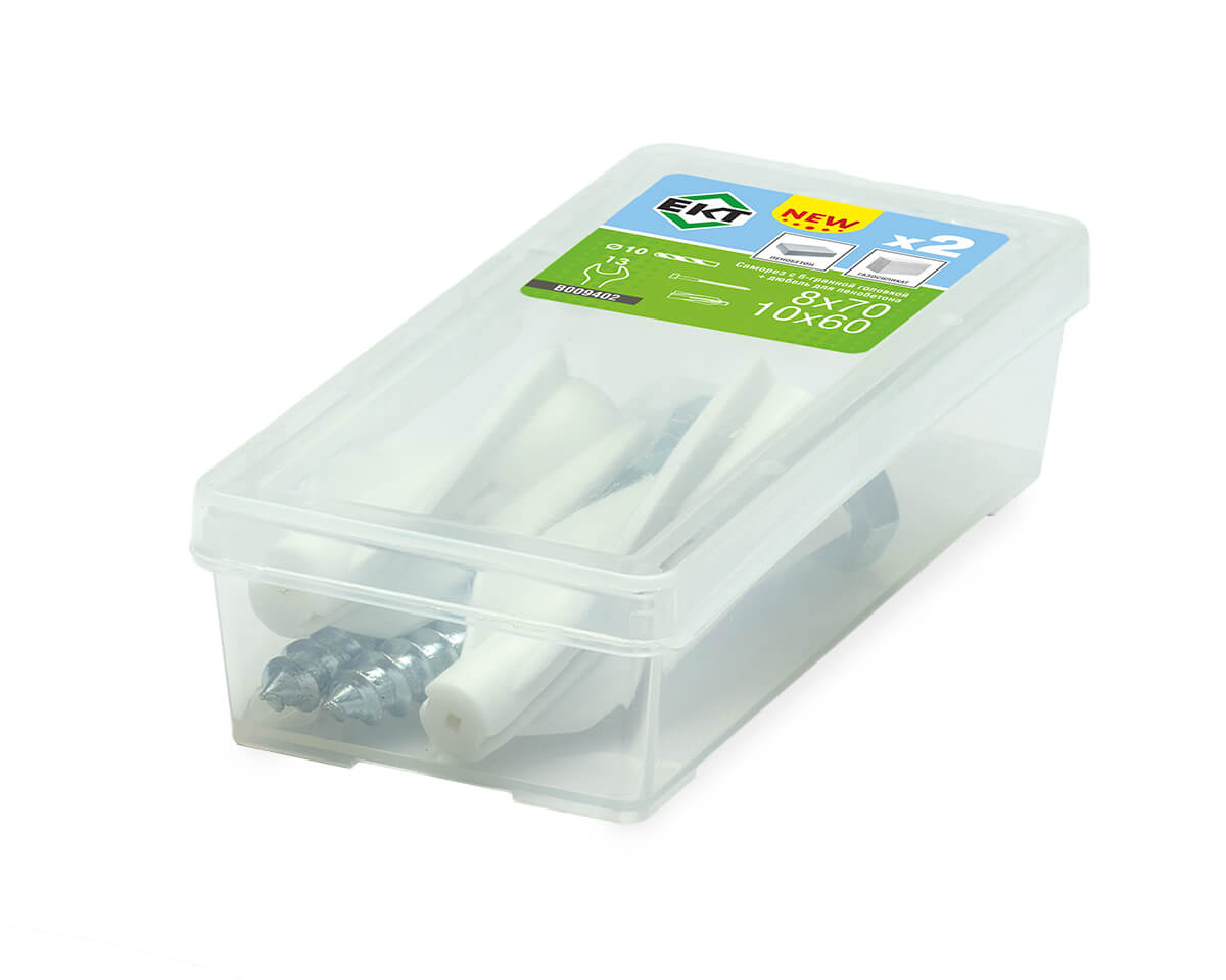 Саморез с 6-гран. гол., белый цинк 8,0х70 + Дюбель для пенобетона 10х60 (упак/2шт) ЕКТ