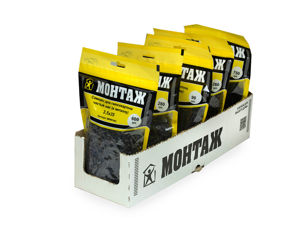 Саморез для гипсокартона 3.5x35, частый шаг (к металлу), фосфат, дой-пак L, МОНТАЖ (пакет/600шт)