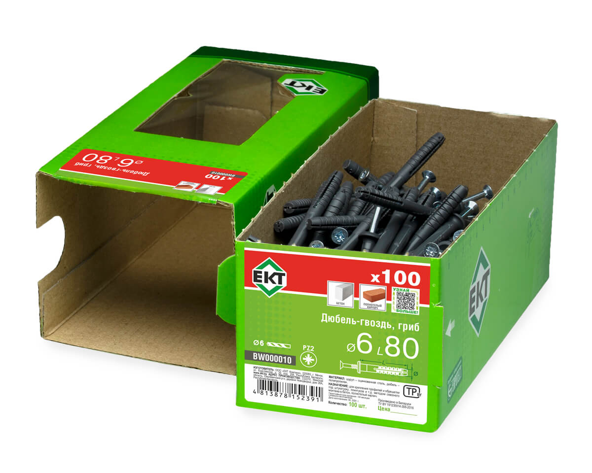 Дюбель-гвоздь GL, 6x80 гриб, п/п, ЕКТ (кор. с окном/100шт)