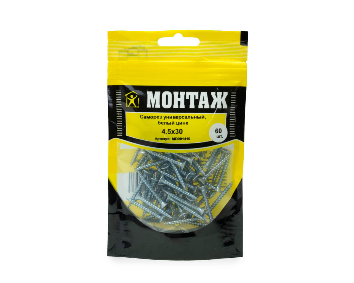 Саморез универсальный 4.5x30, белый цинк, дой-пак S, МОНТАЖ (пакет/60шт)