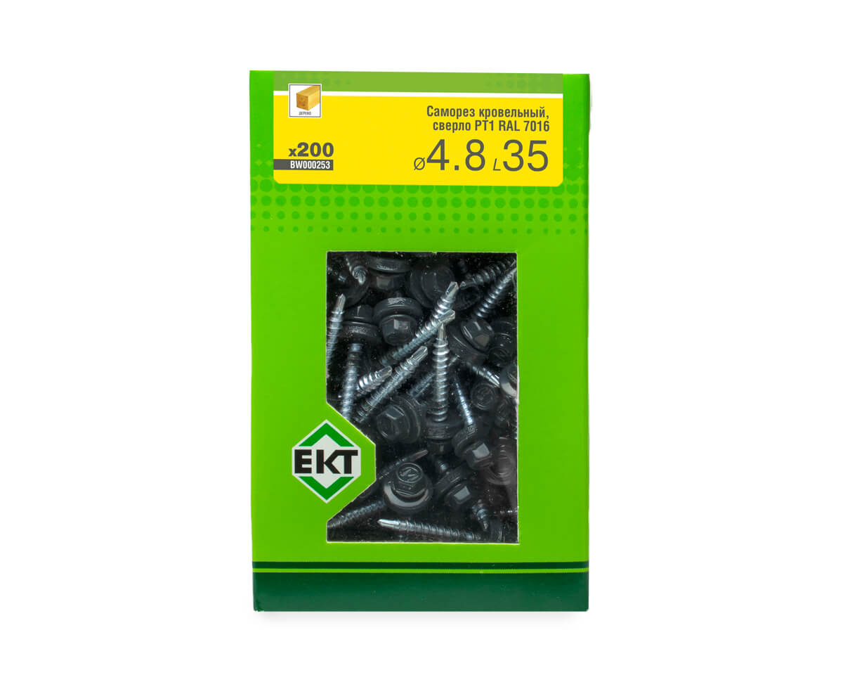 Саморез кровельный с резин. прокл. 4.8х35 сверло PT1, RAL 7016, в коробке с окном, ЕКТ (упак/200шт)