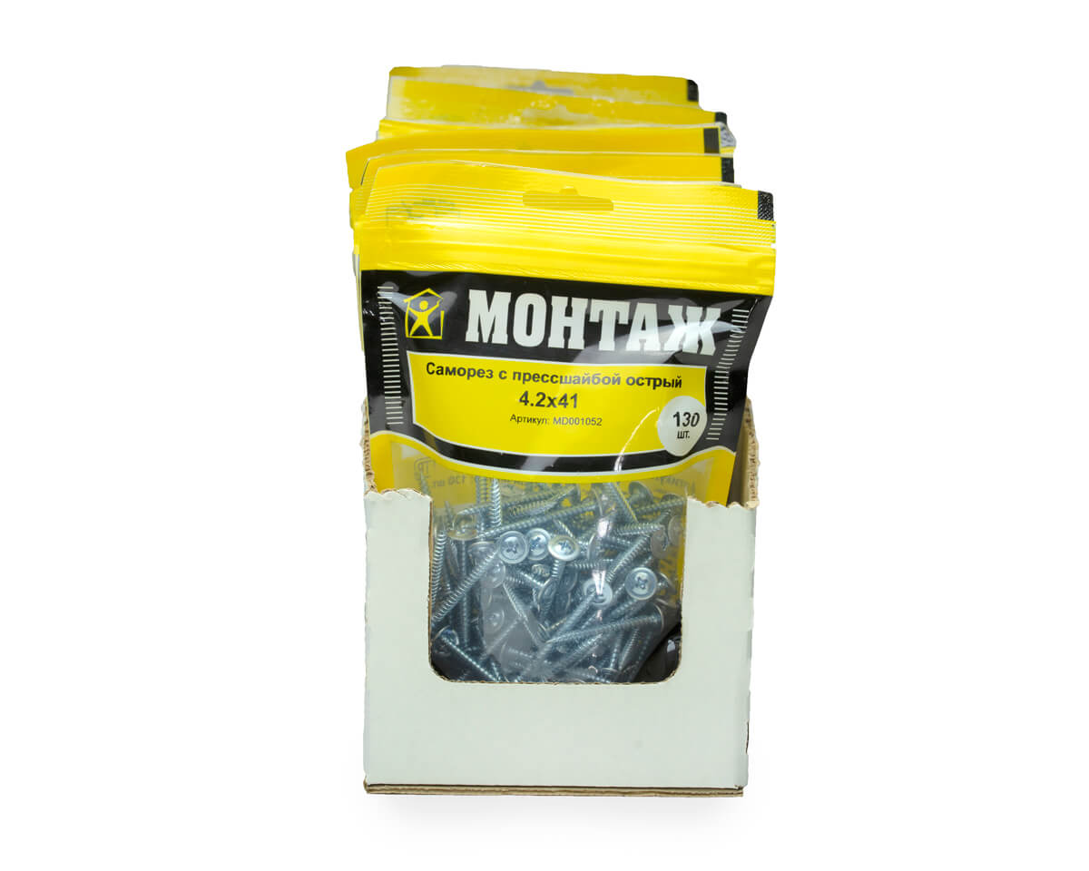 Саморез с прессшайбой 4.2x41, острый, цинк, дой-пак M, МОНТАЖ (пакет/130шт)