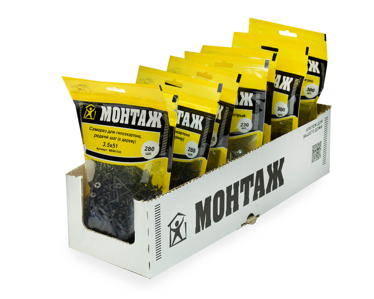 Саморез для гипсокартона 3.5x51, редкий шаг (к дереву), фосфат, дой-пак L, МОНТАЖ (пакет/280шт)