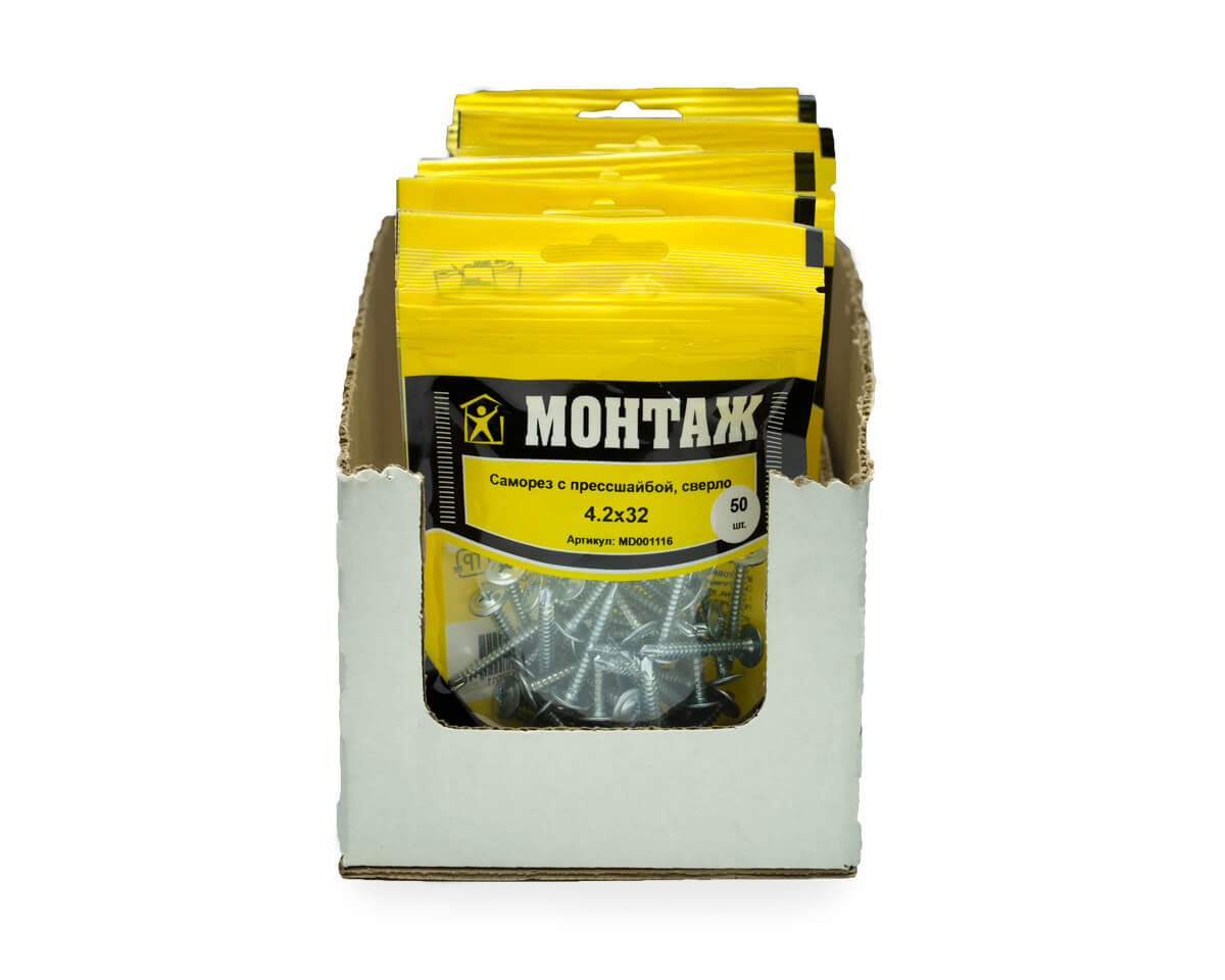 Саморез с прессшайбой 4.2x32, сверло, цинк, дой-пак S, МОНТАЖ (пакет/50шт)