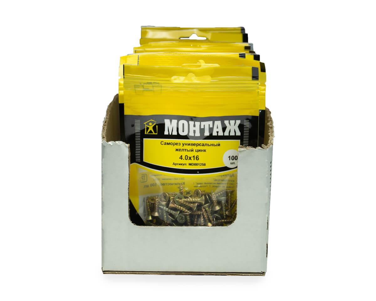 Саморез универсальный 4.0x16, желтый цинк, дой-пак S, МОНТАЖ (пакет/100шт)