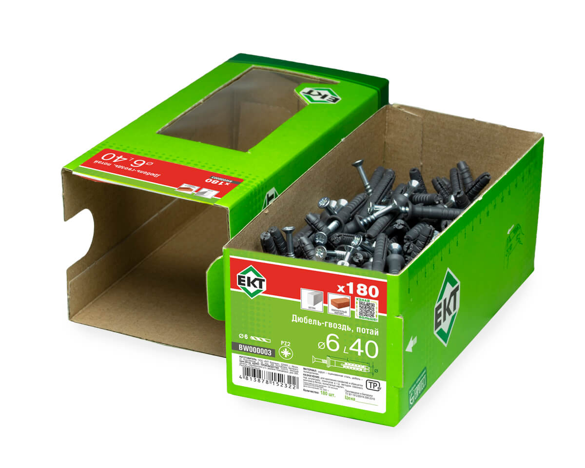 Дюбель-гвоздь GL, 6x40 потай, п/п, ЕКТ (кор. с окном/180шт)