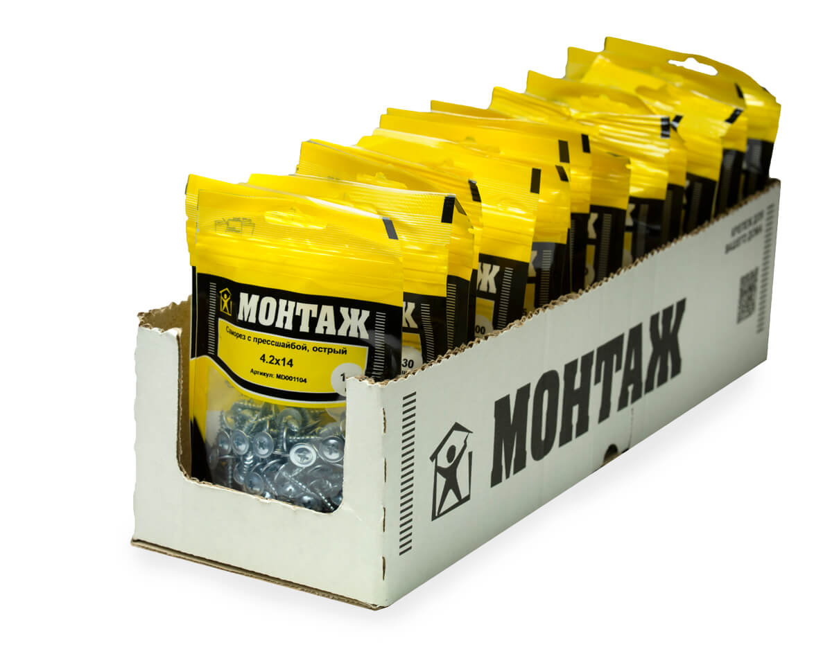 Саморез с прессшайбой 4.2x14, острый, цинк, дой-пак S, МОНТАЖ (пакет/100шт)