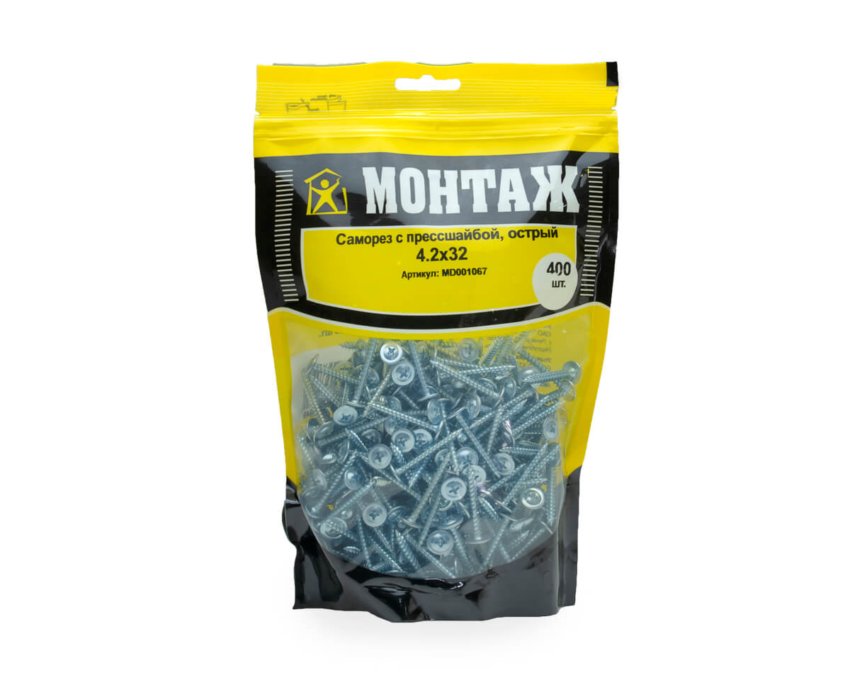 Саморез с прессшайбой 4.2x32, острый, цинк, дой-пак L, МОНТАЖ (пакет/400шт)