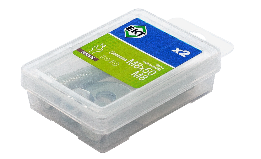 Болт с 6-гран. гол. M8х50, DIN933 в компл. с гайкой и усиленной шайбой М8, цинк (упак/2шт)