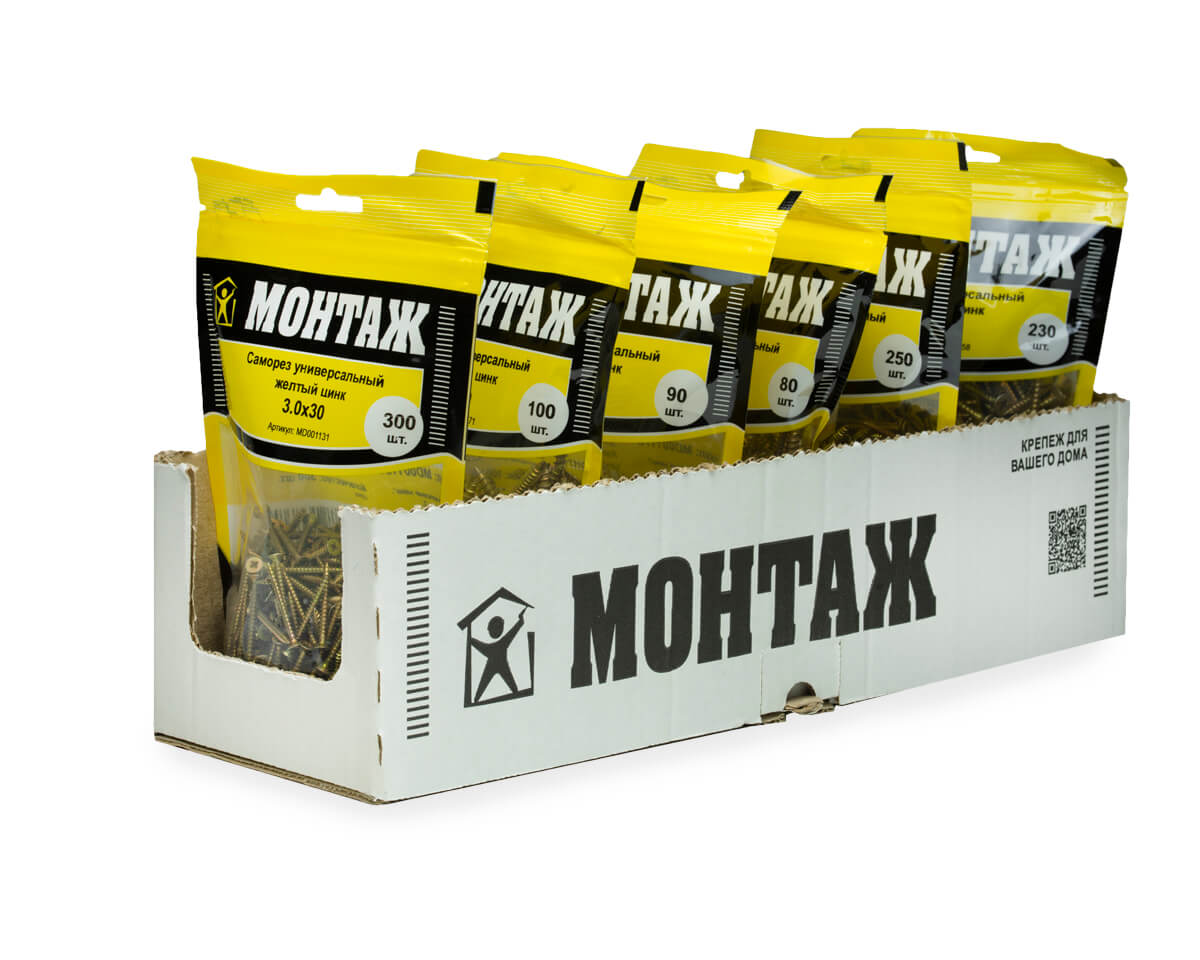 Саморез универсальный 3.0x30, желтый цинк, дой-пак M, МОНТАЖ (пакет/300шт)