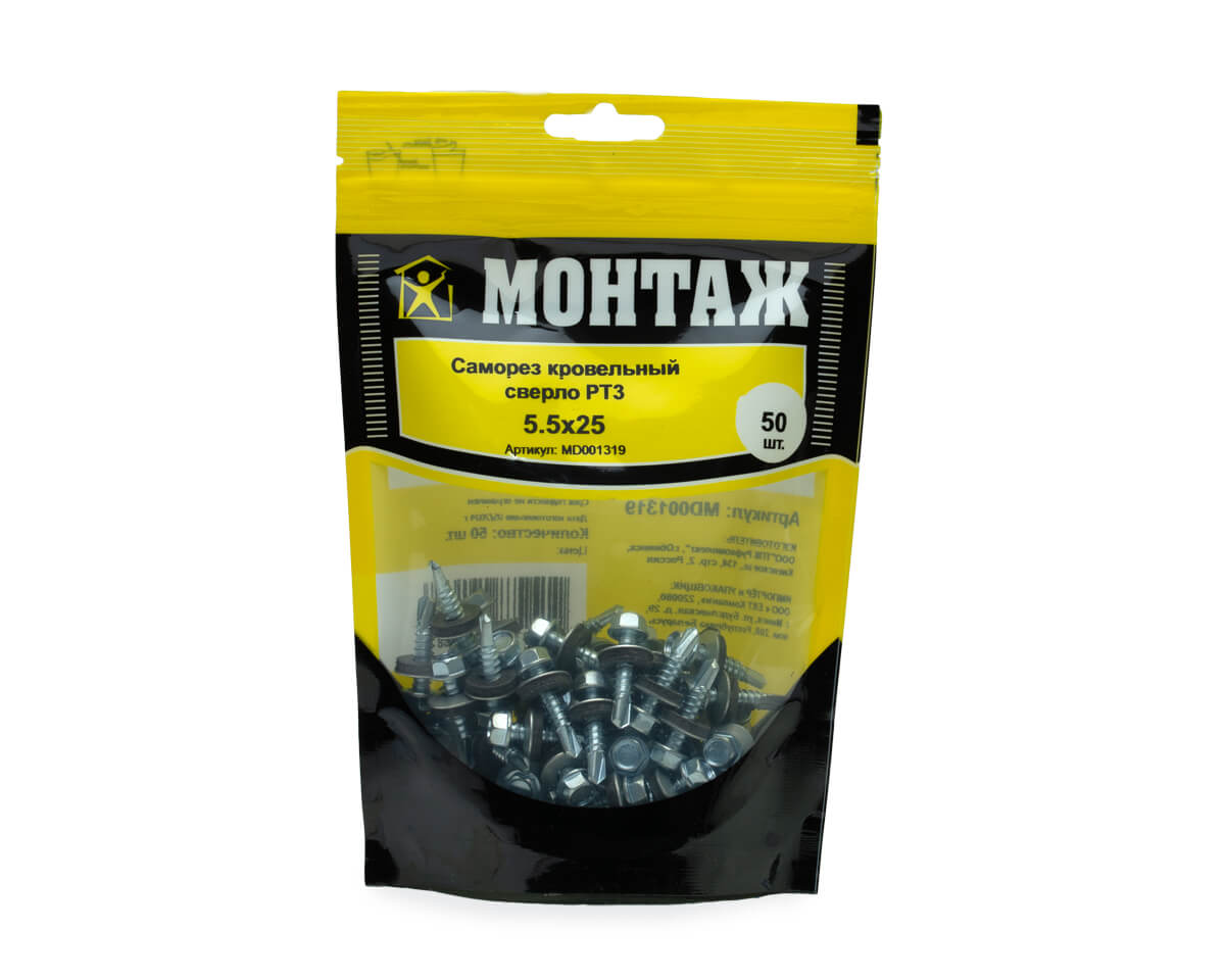 Саморез кровельный с резин. прокл. 5.5х25, сверло PT3, оцинк., дой-пак M, МОНТАЖ (упак/50шт)