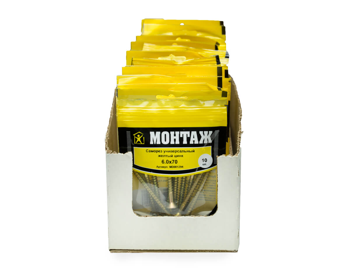 Саморез универсальный 6.0x70, желтый цинк, дой-пак S, МОНТАЖ (пакет/10шт)
