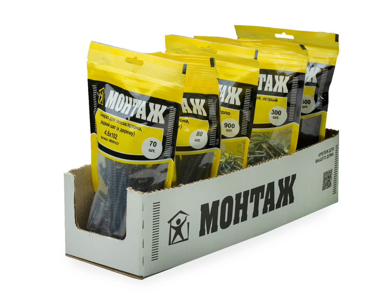 Саморез для гипсокартона 4.8x102, редкий шаг (к дереву), фосфат, дой-пак L, МОНТАЖ (пакет/70шт)