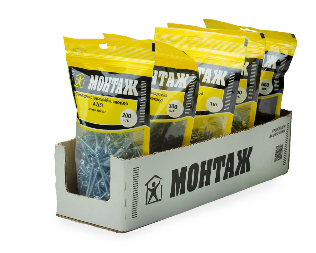Саморез с прессшайбой 4.2x51, сверло, цинк, дой-пак L, МОНТАЖ (пакет/200шт)