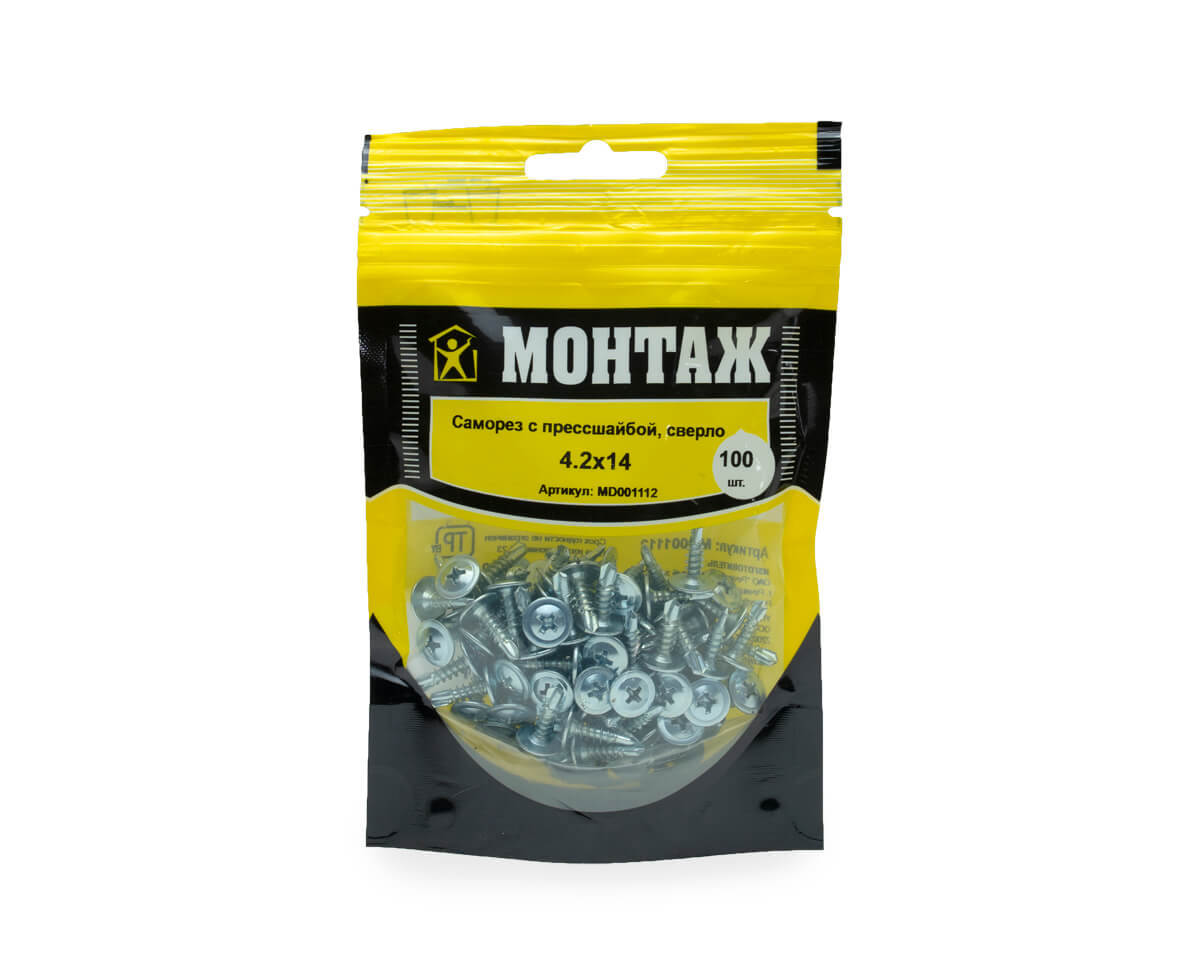 Саморез с прессшайбой 4.2x14, сверло, цинк, дой-пак S, МОНТАЖ (пакет/100шт)