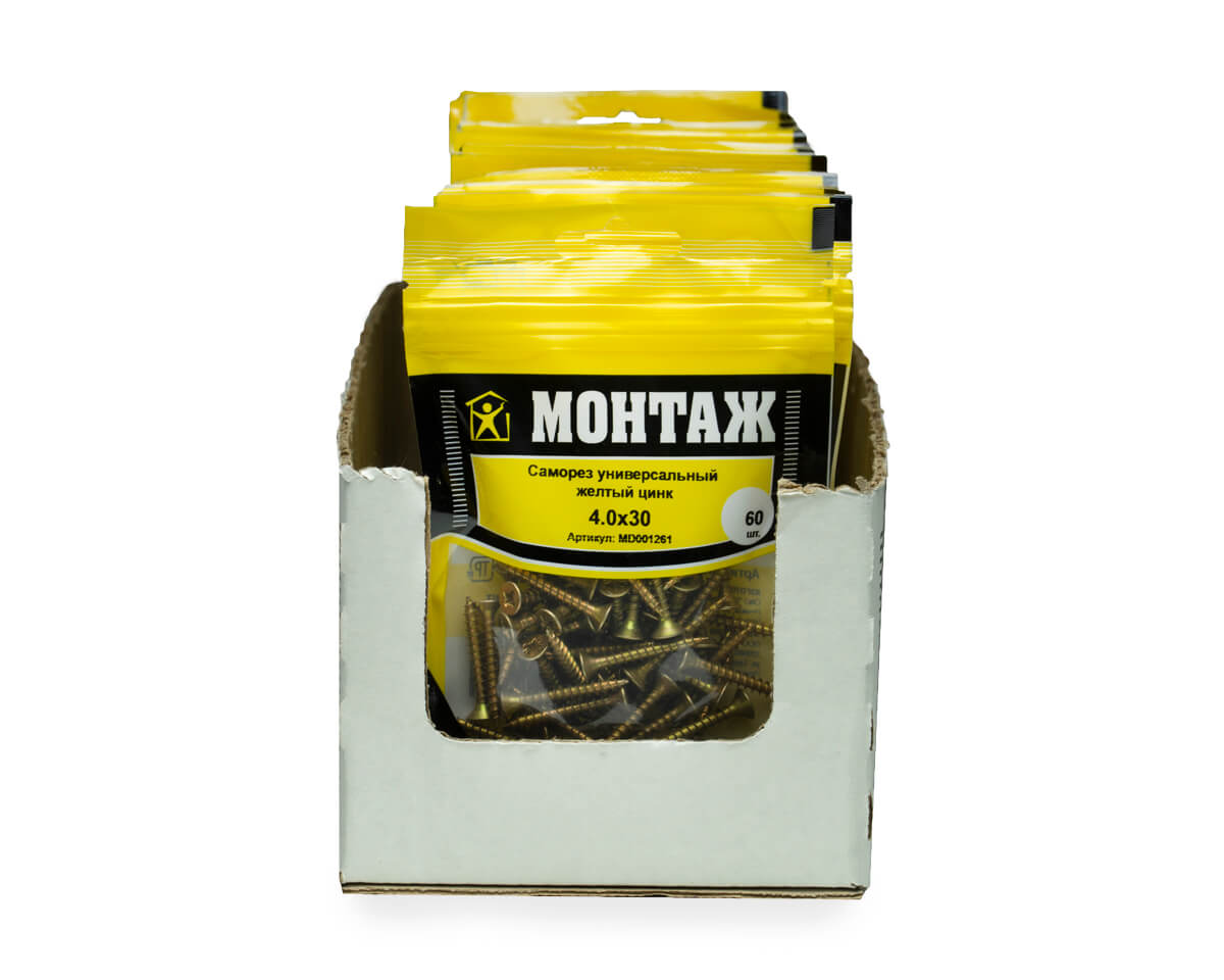 Саморез универсальный 4.0x30, желтый цинк, дой-пак S, МОНТАЖ (пакет/60шт)
