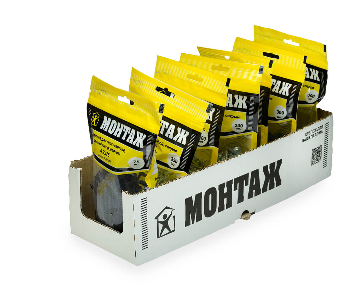 Саморез для гипсокартона 4.2x76, редкий шаг (к дереву), фосфат, дой-пак M, МОНТАЖ (пакет/75шт)