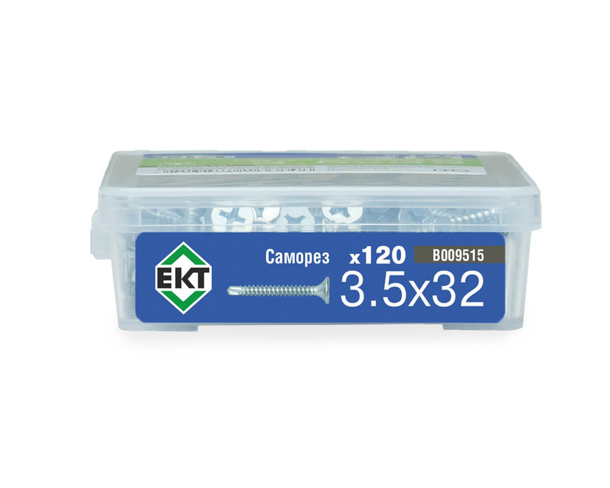 Саморез по ГК со сверлом 3.5х32, частый шаг (к металлу), цинк, в пласт. контейнере, ЕКТ (упак/120шт)