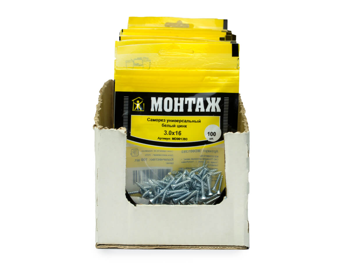 Саморез универсальный 3.0x16, белый цинк, дой-пак S, МОНТАЖ (пакет/100шт)