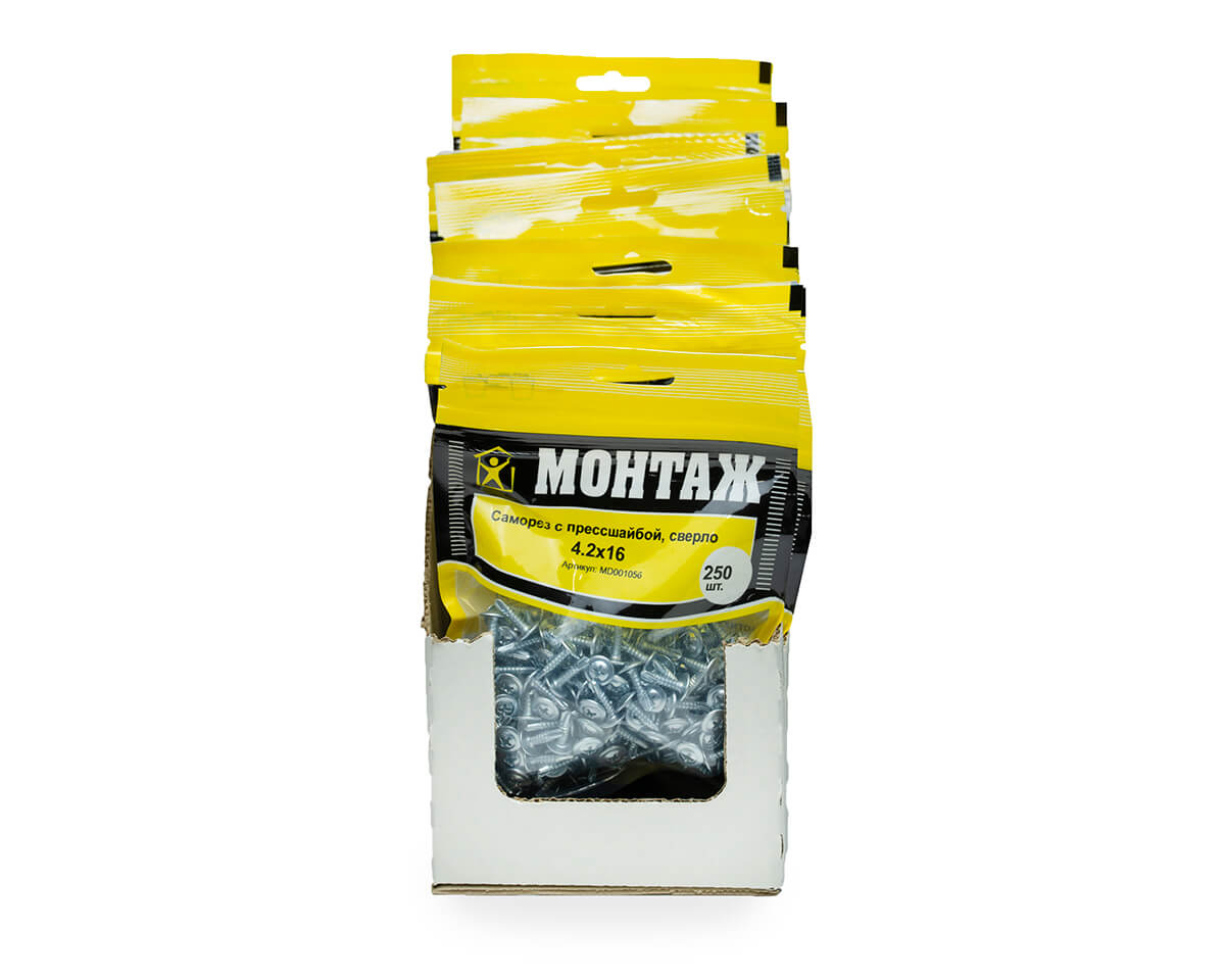 Саморез с прессшайбой 4.2x16, сверло, цинк, дой-пак M, МОНТАЖ (пакет/250шт)