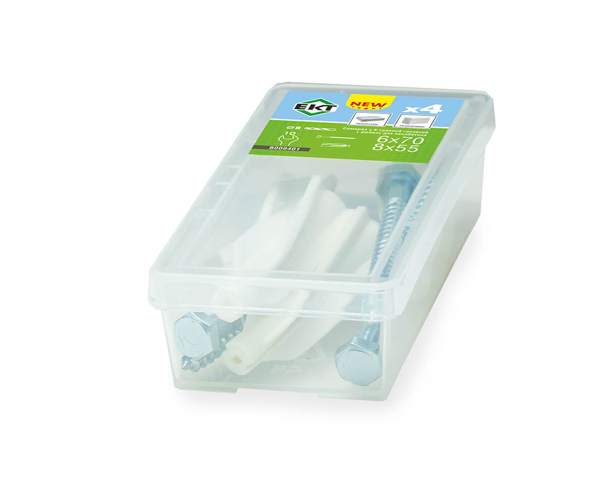 Саморез с 6-гран. гол., белый цинк 6,0х70 + Дюбель для пенобетона 8х55 (упак/4шт) ЕКТ