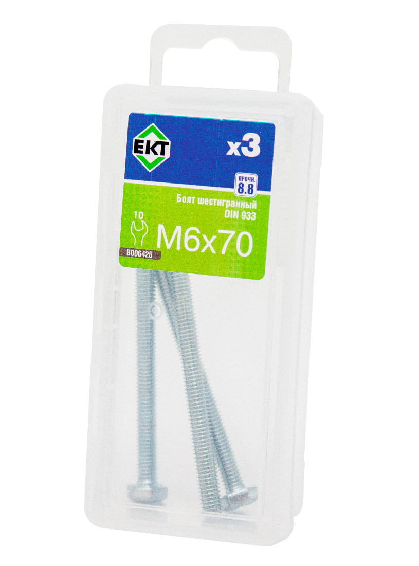 Болт шестигранный 6х 70, цинк, прочн. 8.8 DIN 933 (упак/3шт)