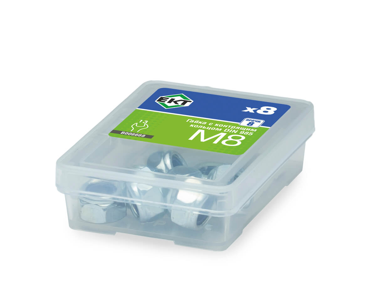 Гайка М8 с контрящим кольцом, DIN 985, цинк, прочн.8 (упак/8шт)