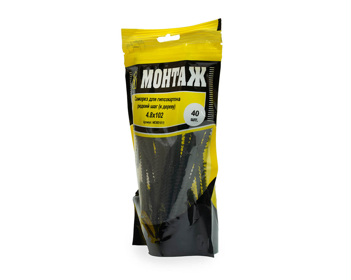 Саморез для гипсокартона 4.8x102, редкий шаг (к дереву), фосфат, дой-пак M, МОНТАЖ (пакет/40шт)