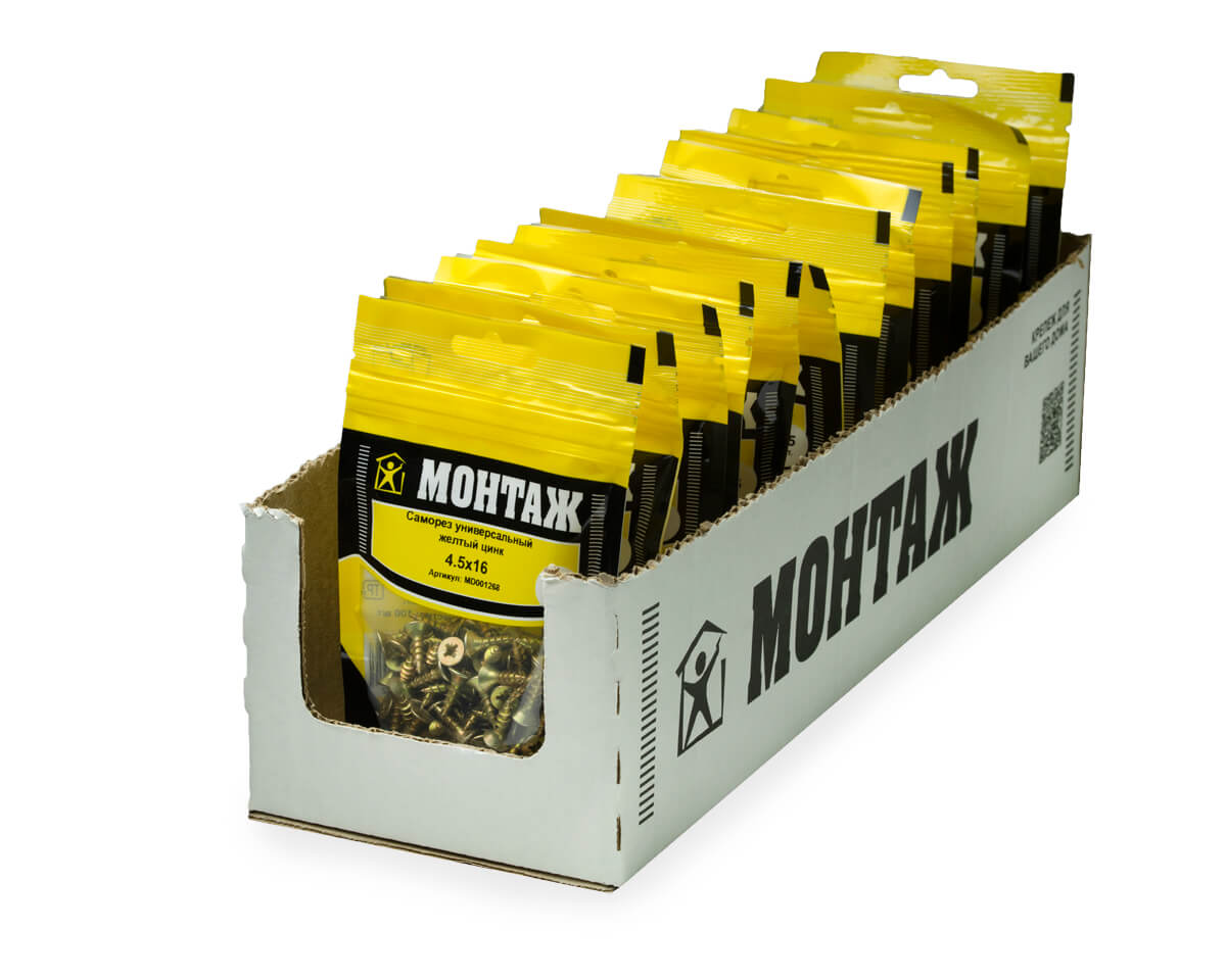 Саморез универсальный 4.5x16, желтый цинк, дой-пак S, МОНТАЖ (пакет/100шт)