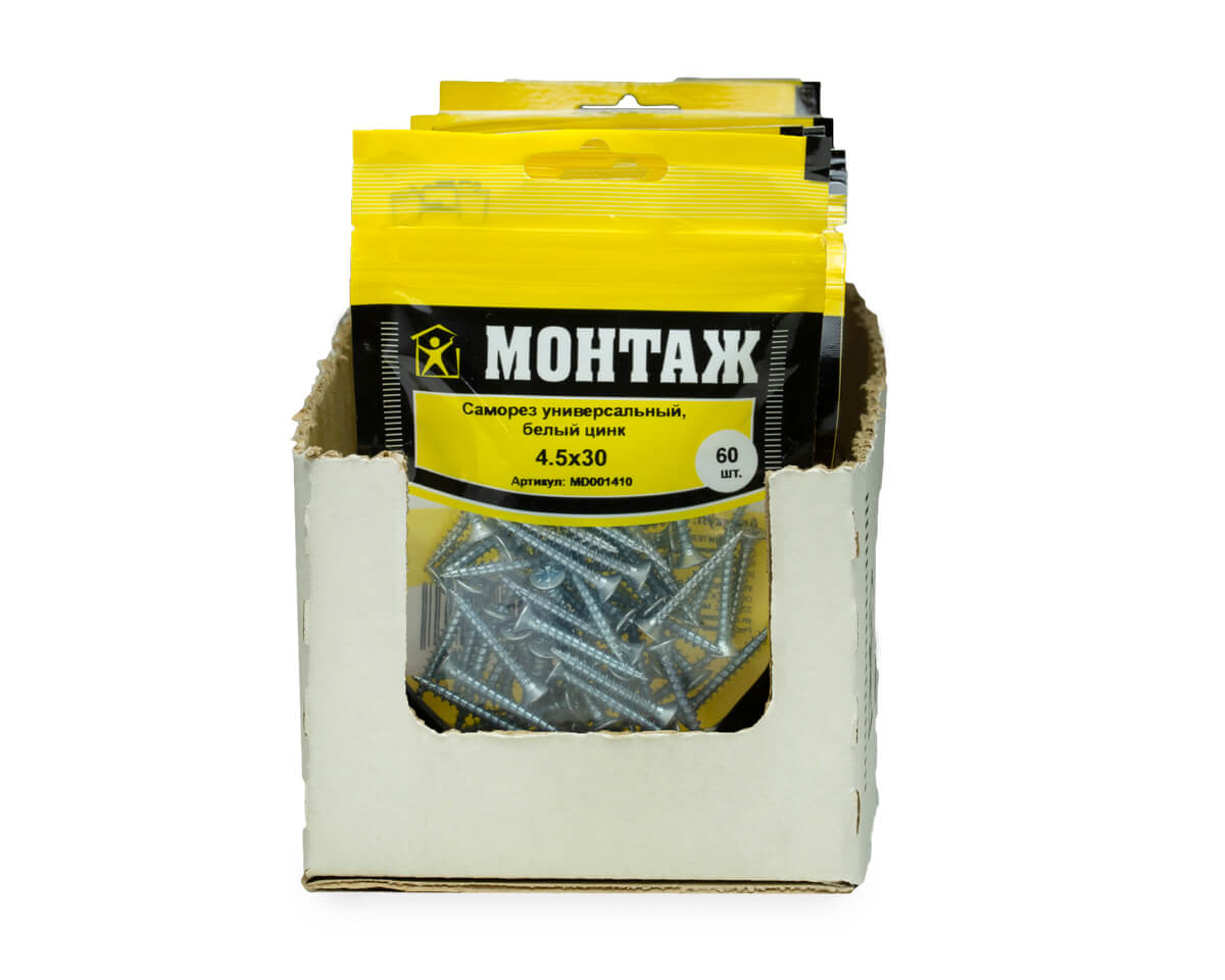Саморез универсальный 4.5x30, белый цинк, дой-пак S, МОНТАЖ (пакет/60шт)