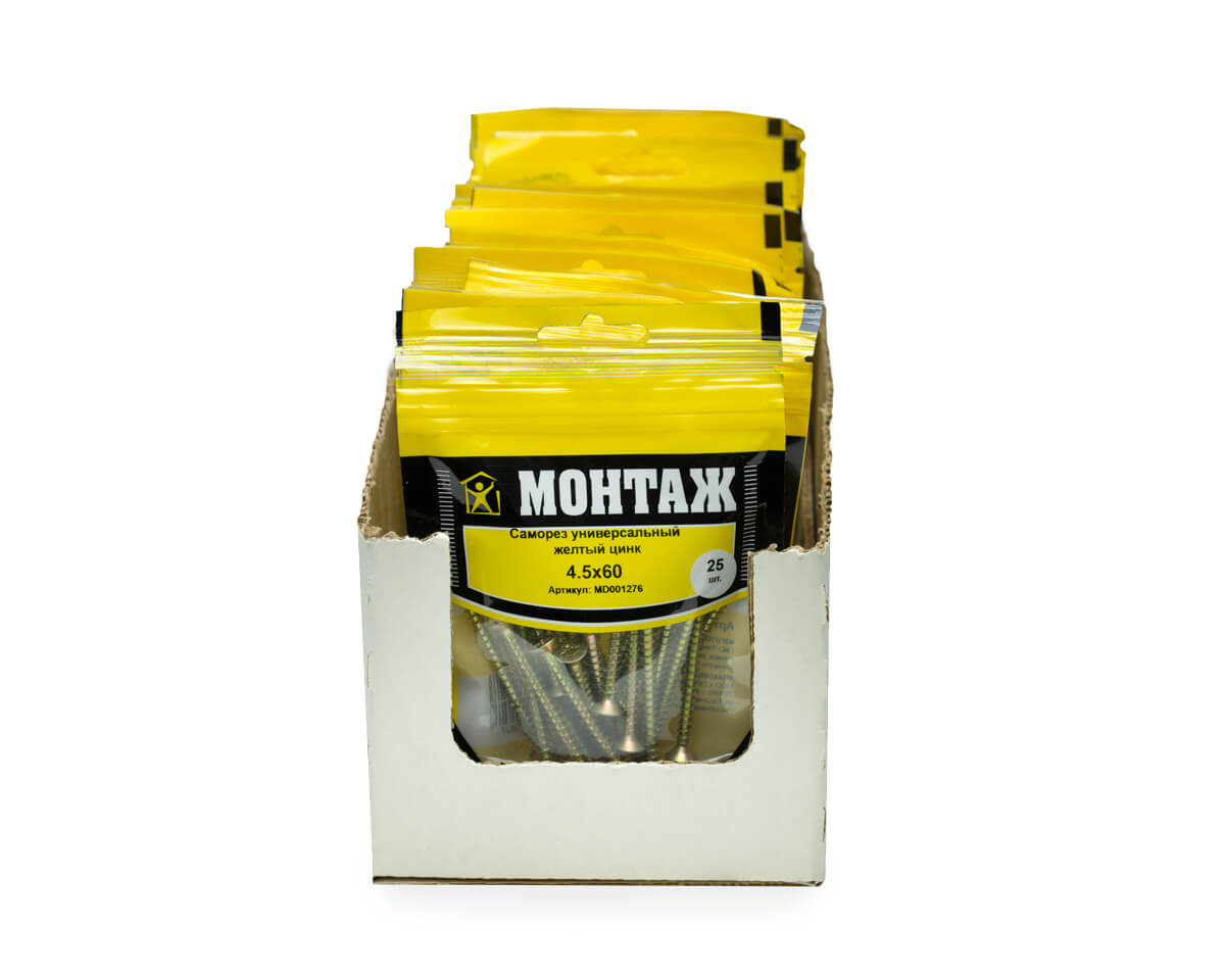 Саморез универсальный 4.5x60, желтый цинк, дой-пак S, МОНТАЖ (пакет/25шт)