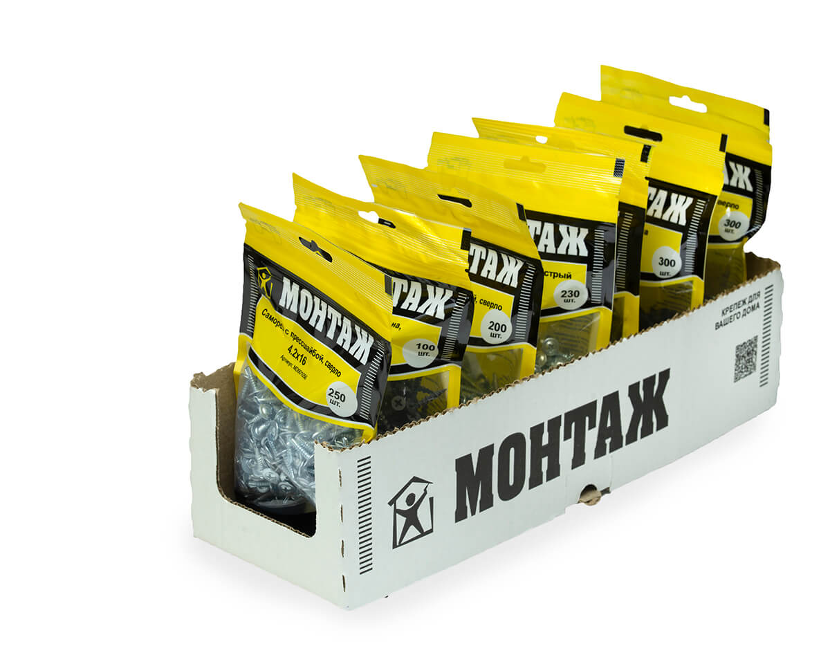 Саморез с прессшайбой 4.2x16, сверло, цинк, дой-пак M, МОНТАЖ (пакет/250шт)