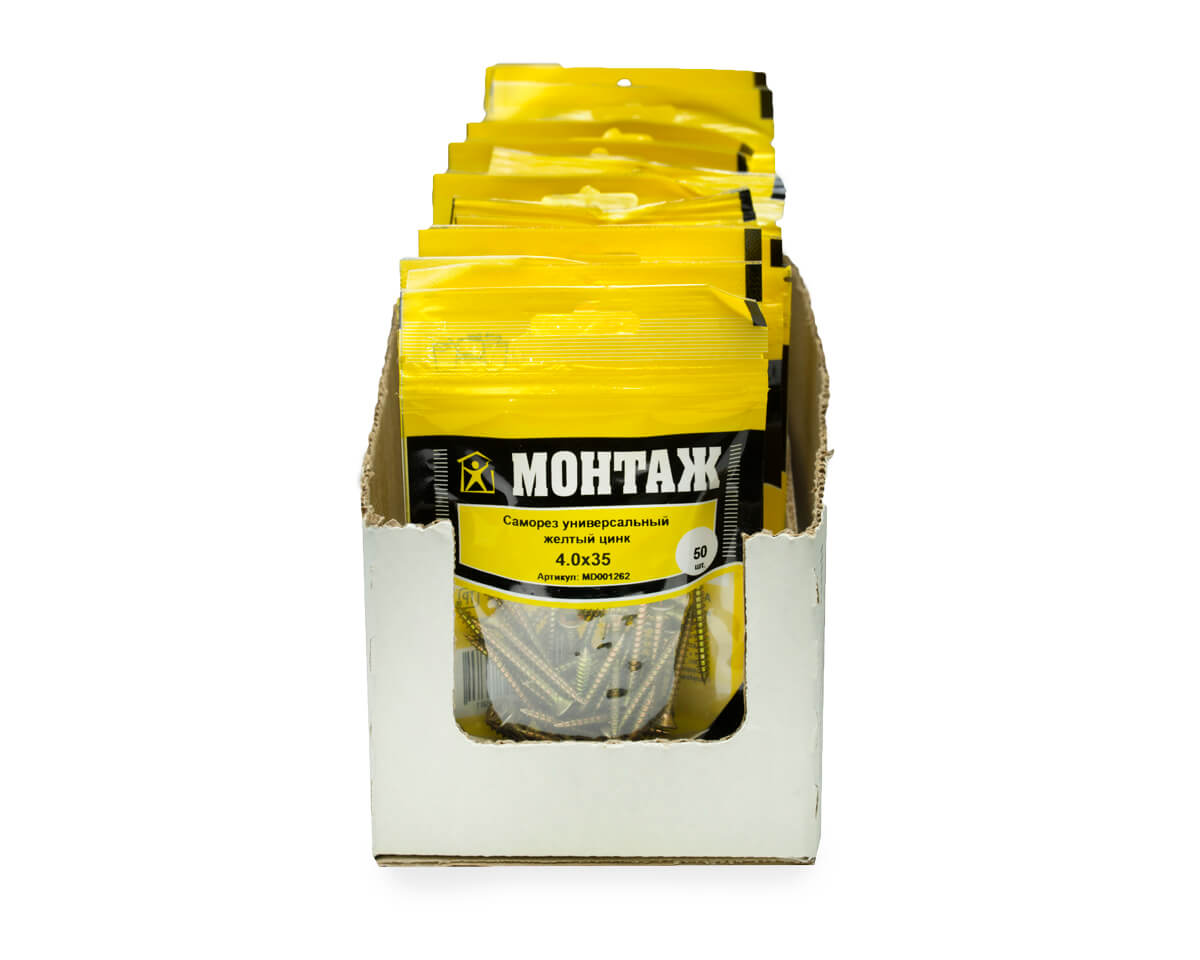Саморез универсальный 4.0x35, желтый цинк, дой-пак S, МОНТАЖ (пакет/50шт)