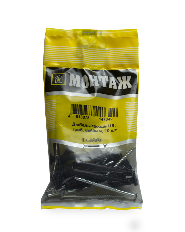 Дюбель-гвоздь US, 6x60 гриб, п/в, МОНТАЖ (пакет/10шт)