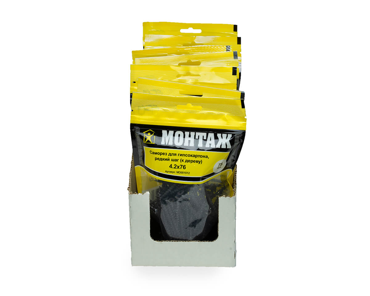 Саморез для гипсокартона 4.2x76, редкий шаг (к дереву), фосфат, дой-пак M, МОНТАЖ (пакет/75шт)