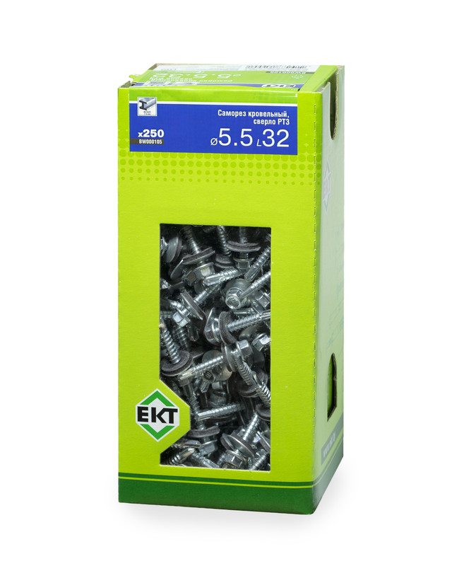 Саморез кровельный с резин. прокл. 5.5х32 сверло PT3, цинк, в коробке с окном, ЕКТ (упак/250шт)