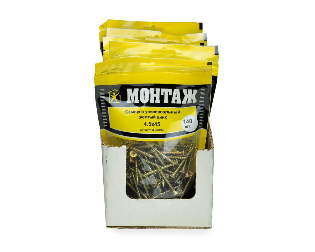 Саморез универсальный 4.5x45, желтый цинк, дой-пак M, МОНТАЖ (пакет/140шт)