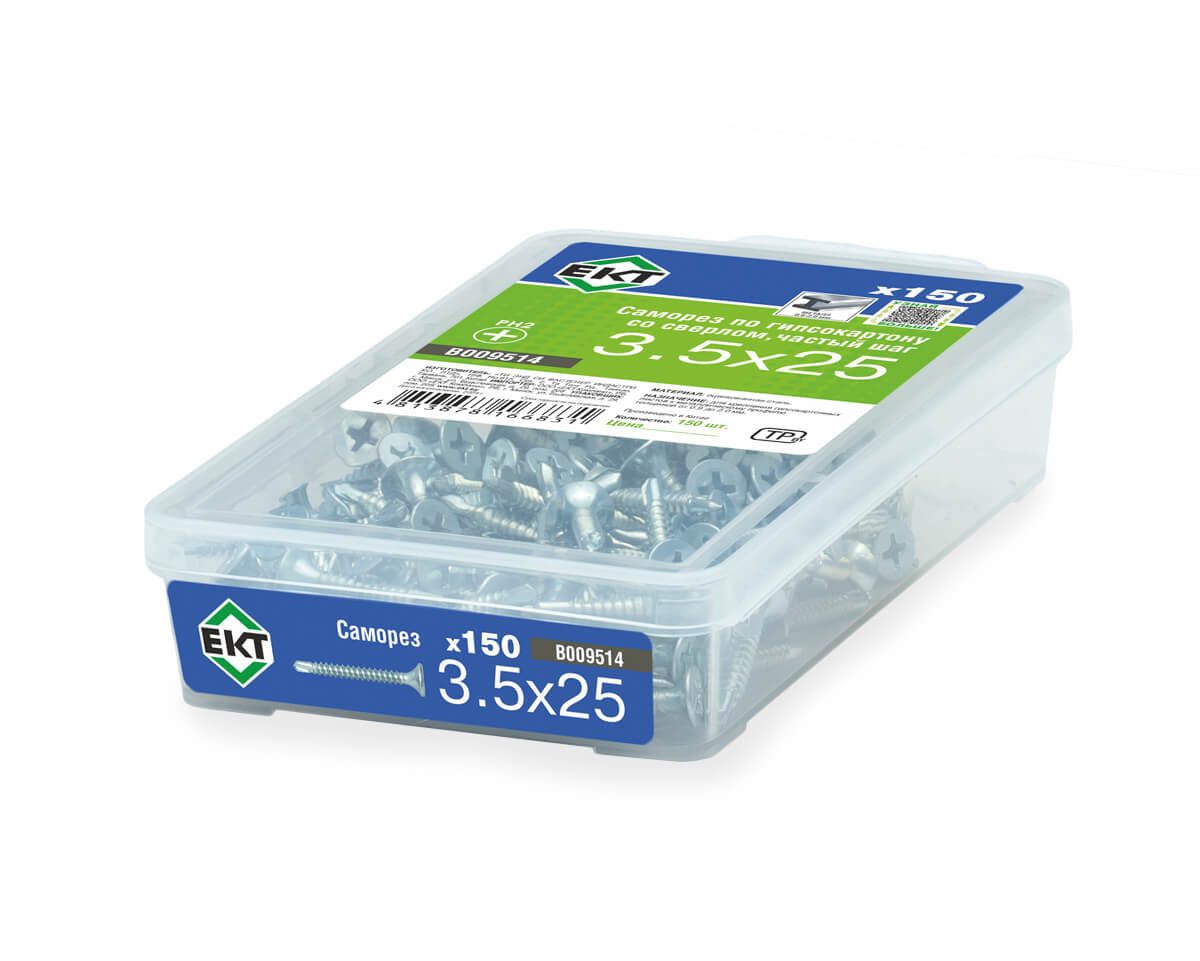 Саморез по ГК со сверлом 3.5х25, частый шаг (к металлу), цинк, в пласт. контейнере, ЕКТ (упак/150шт)