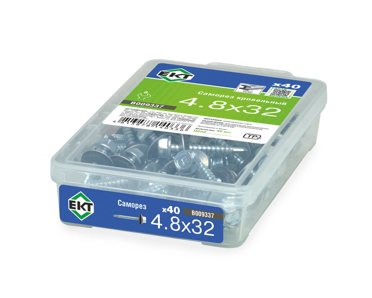 Саморез кровельный 4,8х32 сверло, цинк, с резиновой прокладкой, в пласт. контейнере (упак/40шт)