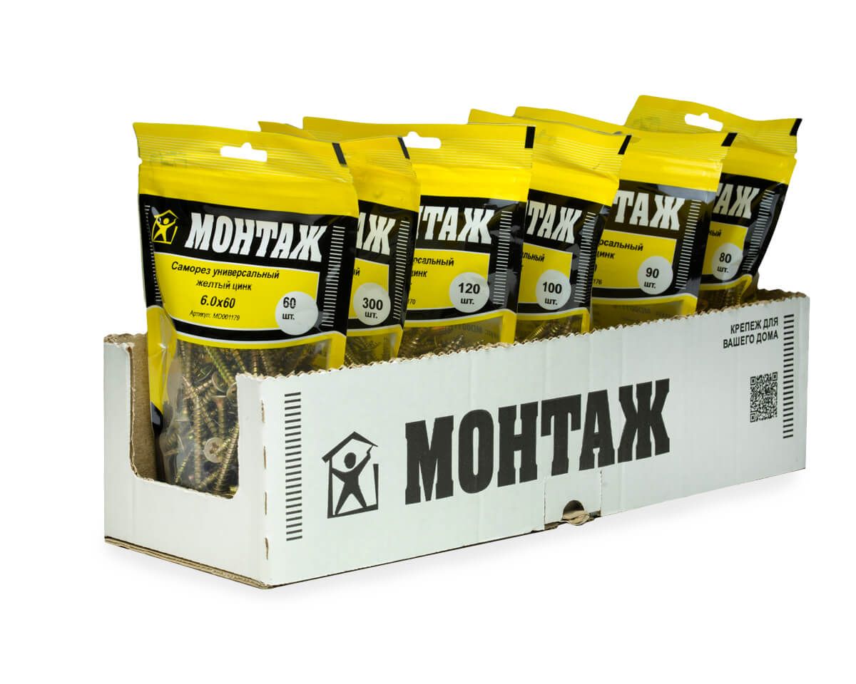 Саморез универсальный 6.0x60, желтый цинк, дой-пак M, МОНТАЖ (пакет/60шт)