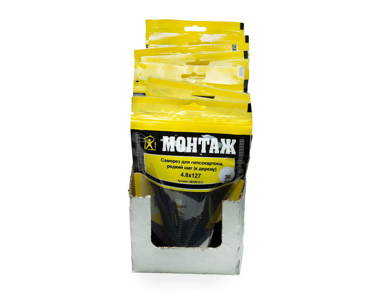 Саморез для гипсокартона 4.8x127, редкий шаг (к дереву), фосфат, дой-пак M, МОНТАЖ (пакет/30шт)